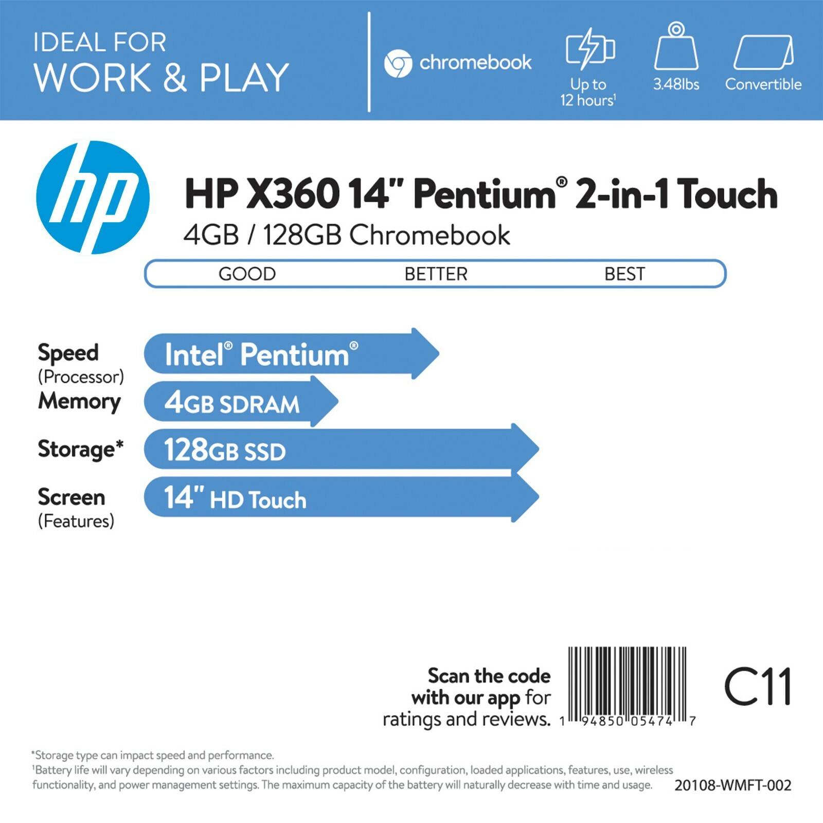 HP 14a-na0031wm 14 inch (64GB, Intel Pentium, 2.70GHz, 4GB) Chromebook -…