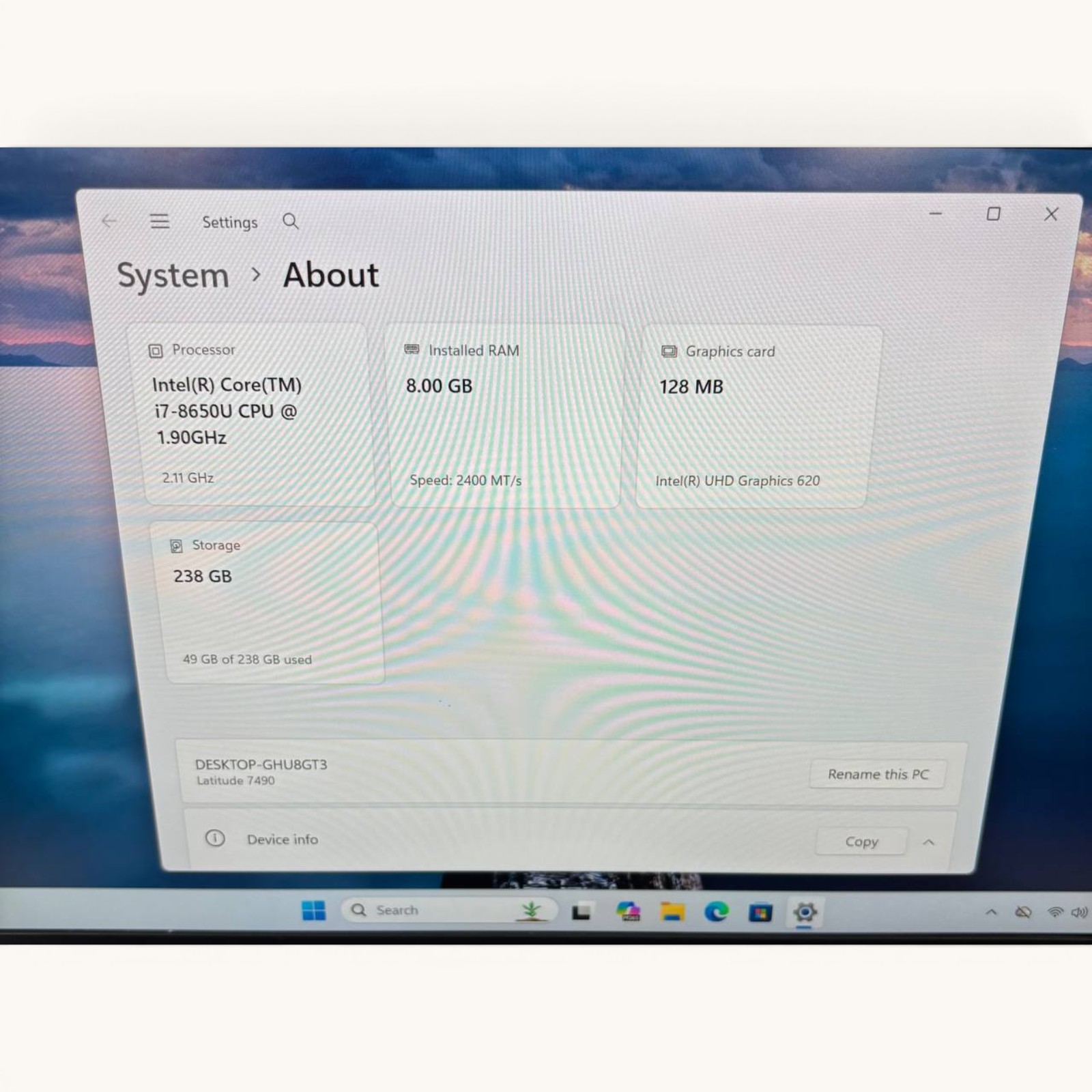 Dell Latitude 7490 Intel I7-8650U 1.9GHz, 8GB Ram, 256GB NVMe, New Battery #71