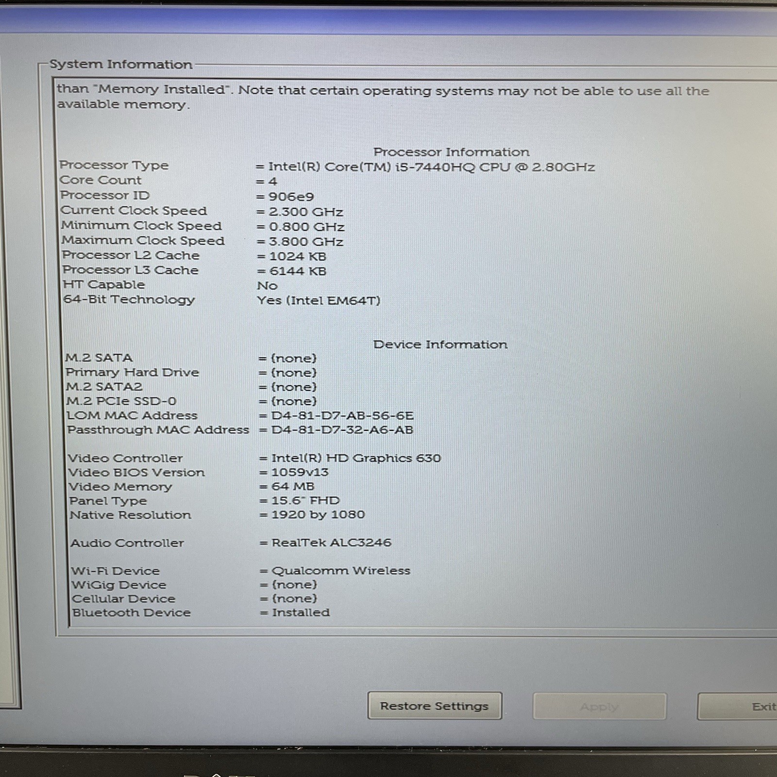 Dell Latitude 5580 15.6″ i5-7440HQ 2.8GHz 8GB RAM No SSD/OS/AC – Bad Hinge Cover