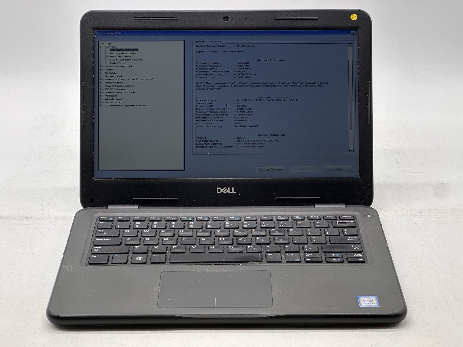 Dell Latitude 3310, i5-8265U CPU, @ 1.60GHz, 8GB RAM, 256GB NVMe-No OS/Adapter