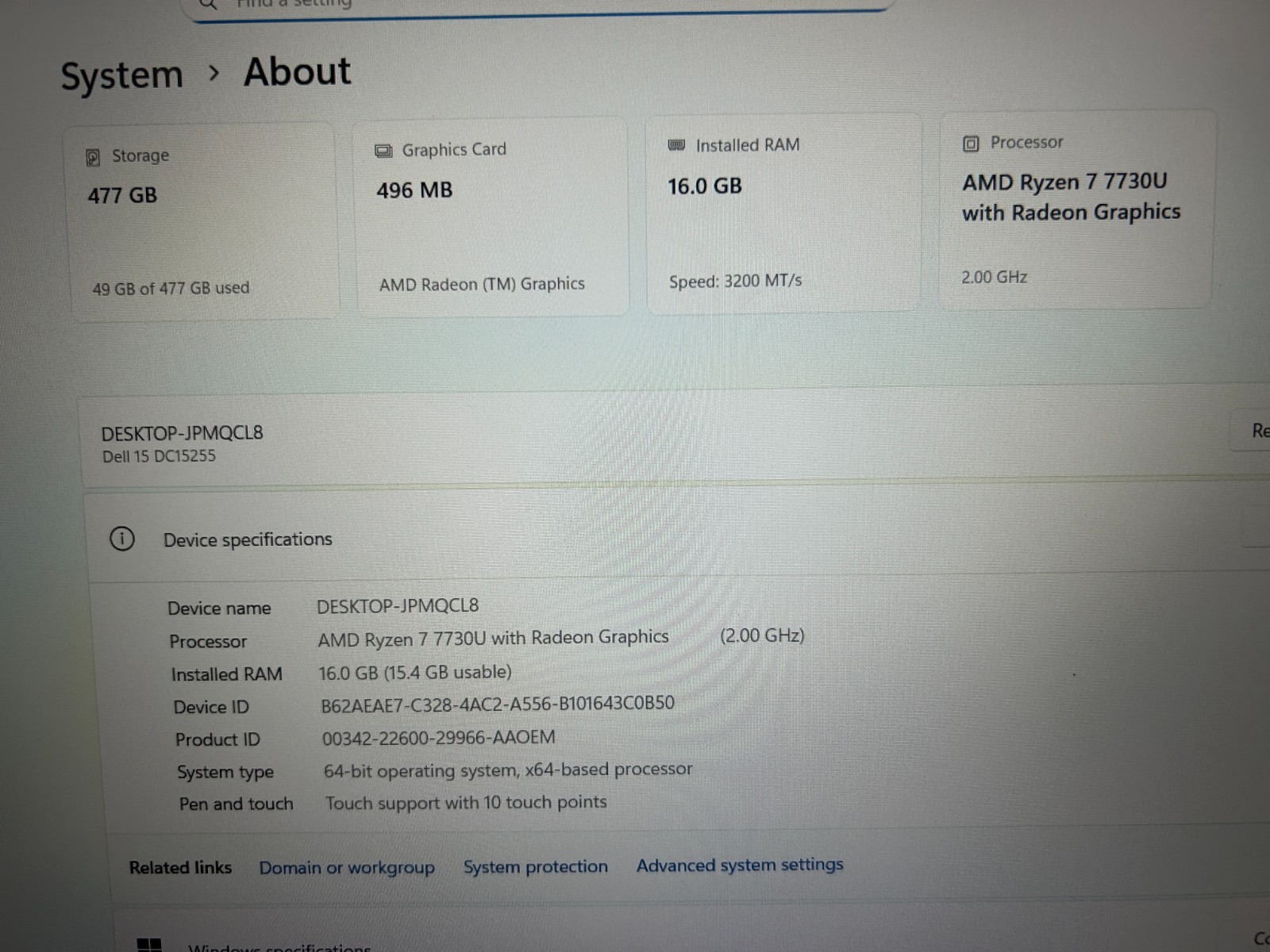 DELL 15 DC15255 G8MK9, AMD Ryzen 7 7730U, 2.00 GHz, 16 GB RAM, 512 GB NVMe SSD