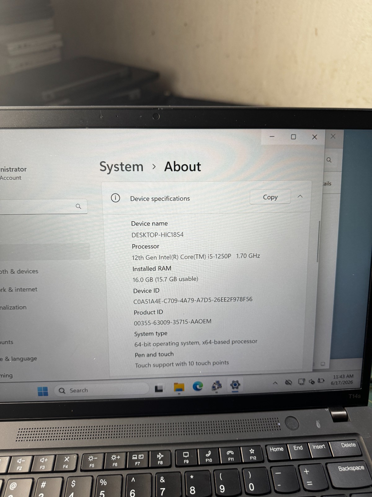 Lenovo ThinkPad T14s Gen 3 Core i5-1250P, 16GB RAM, 256GB SSD, Win11 PRO #6394