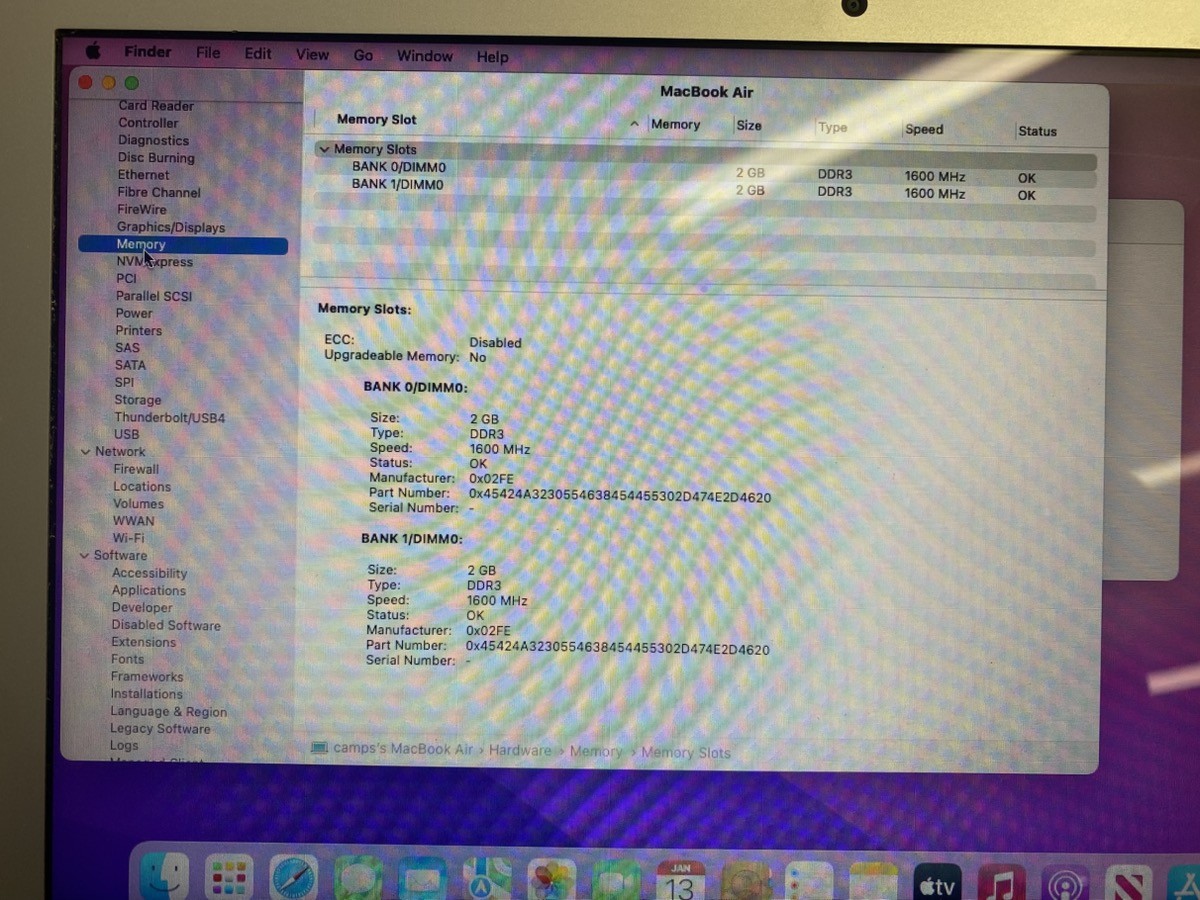 APPLE MACBOOK AIR A1465 2015 MODEL 1.6GHZ INTEL CORE i5 W/4GB MEM. (CJL006582)