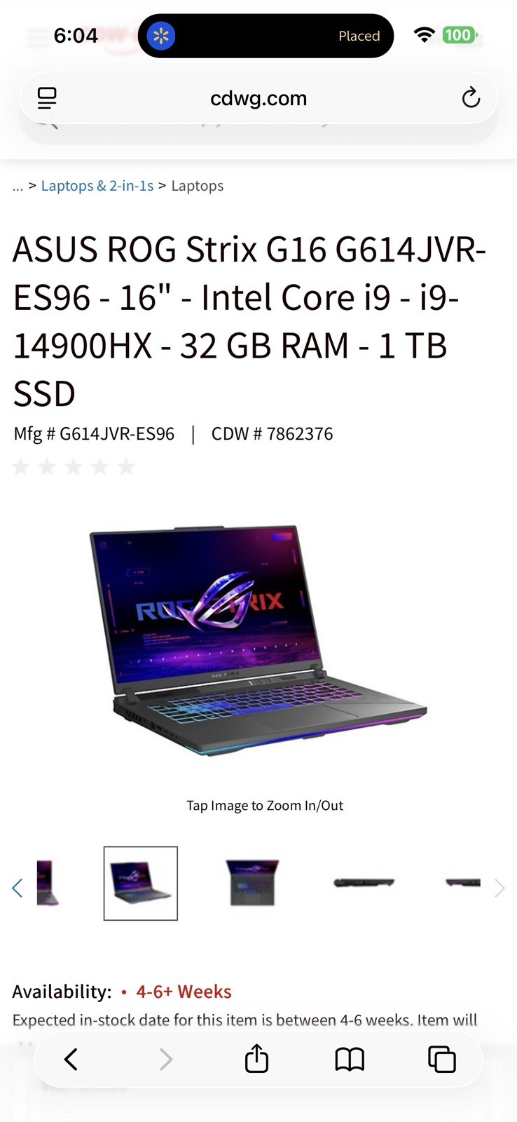 ASUS ROG Strix G16 G614JVR-ES96 16″ Laptop i9-14900HX 32GB 1TB SSD Black
