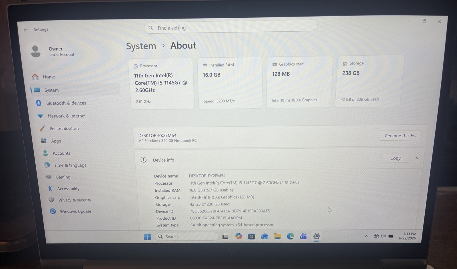 HP EliteBook 840 G8 14″ i5-1145G7@2.6GHz, 16GB RAM, 256GB M2, Win 11 Pro *READ