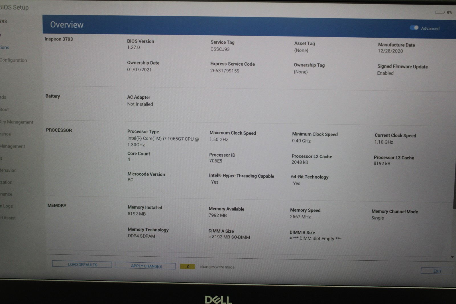 Dell Inspiron 3793 _ i7-1065G7 _ 8GB RAM _ 240GB SSD _ No OS