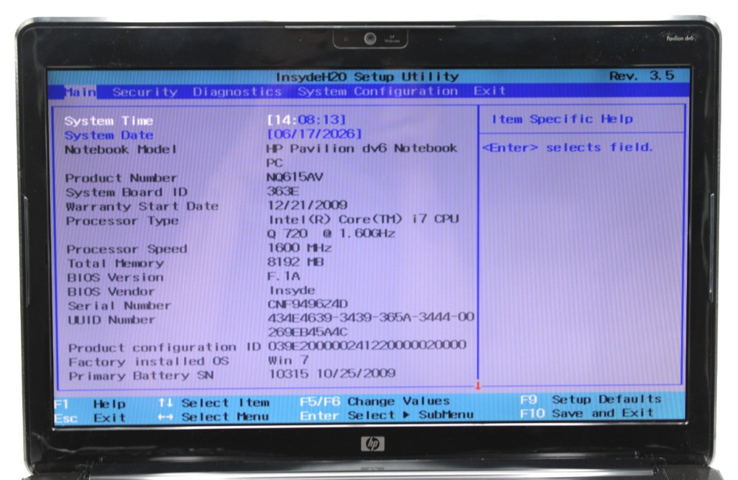 HP Pavilion Dv6 i7-2630QM@2.00GHz 8GB DDR3 NO STORAGE OR OS *USED/TESTED*