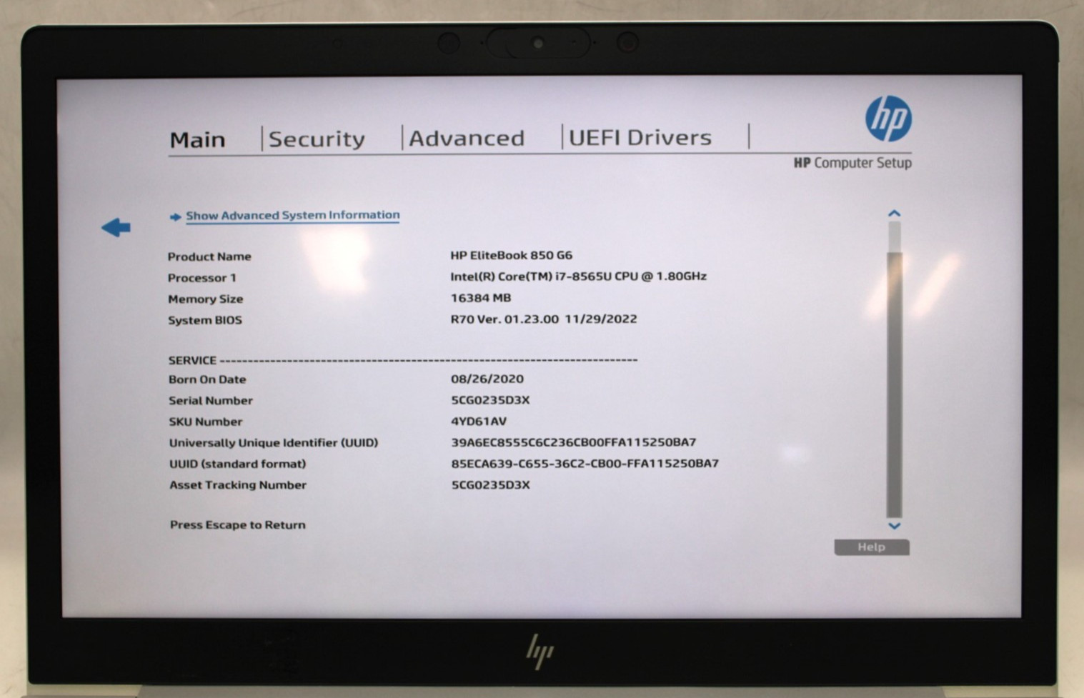 HP EliteBook 850 G6-i7-8565U@1.8GHz-16GB DDR4-NO STORAGE OR OS *USED/TESTED*