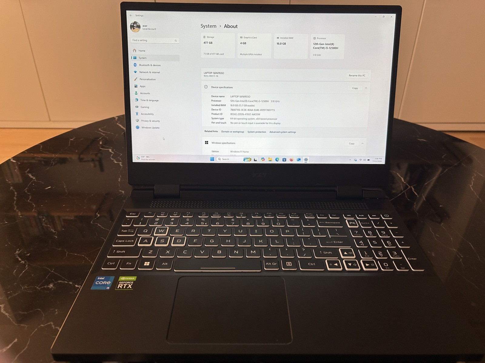 Acer Nitro 5 15.6″ AN515-58 16GB RAM 512GB SSD 3050 Ti i5-12500H 3.1GHz 144Hz