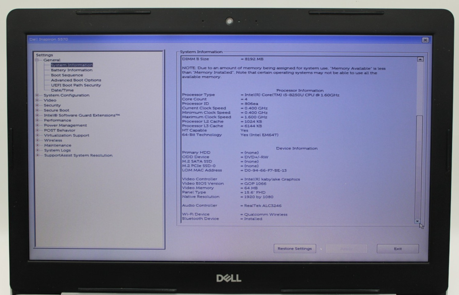 Dell Inspiron 5570 i5-8250U@1.6GHz 8GB DDR4 NO STORAGE/OS *USED TESTED*