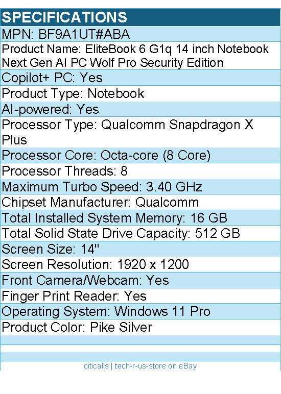 HP BF9A1UT#ABA EliteBook 6 G1q 14″ Copilot+ PC Notebook – Pike Silver
