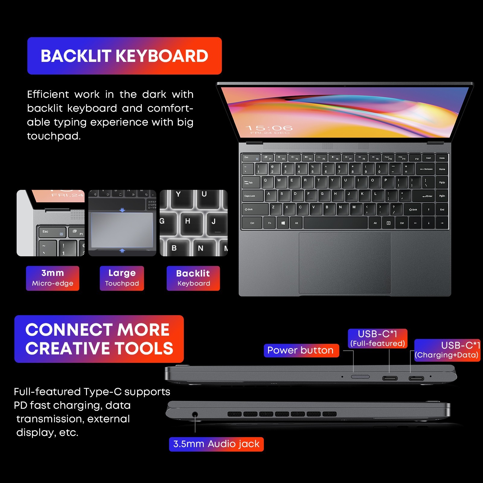 CHUWI Minibook 10.51″ Win11 Laptop, Intel Processor, Backlit Keyboard, 8/12/16GB