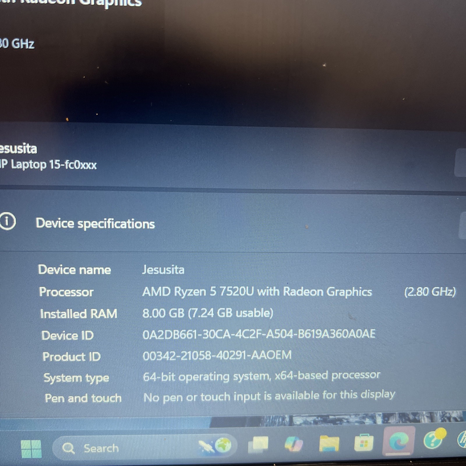 HP Laptop 15-fc0xxx 15.6” Ryzen 5 7520U 8GB Win 11 Home Silver Touchscreen