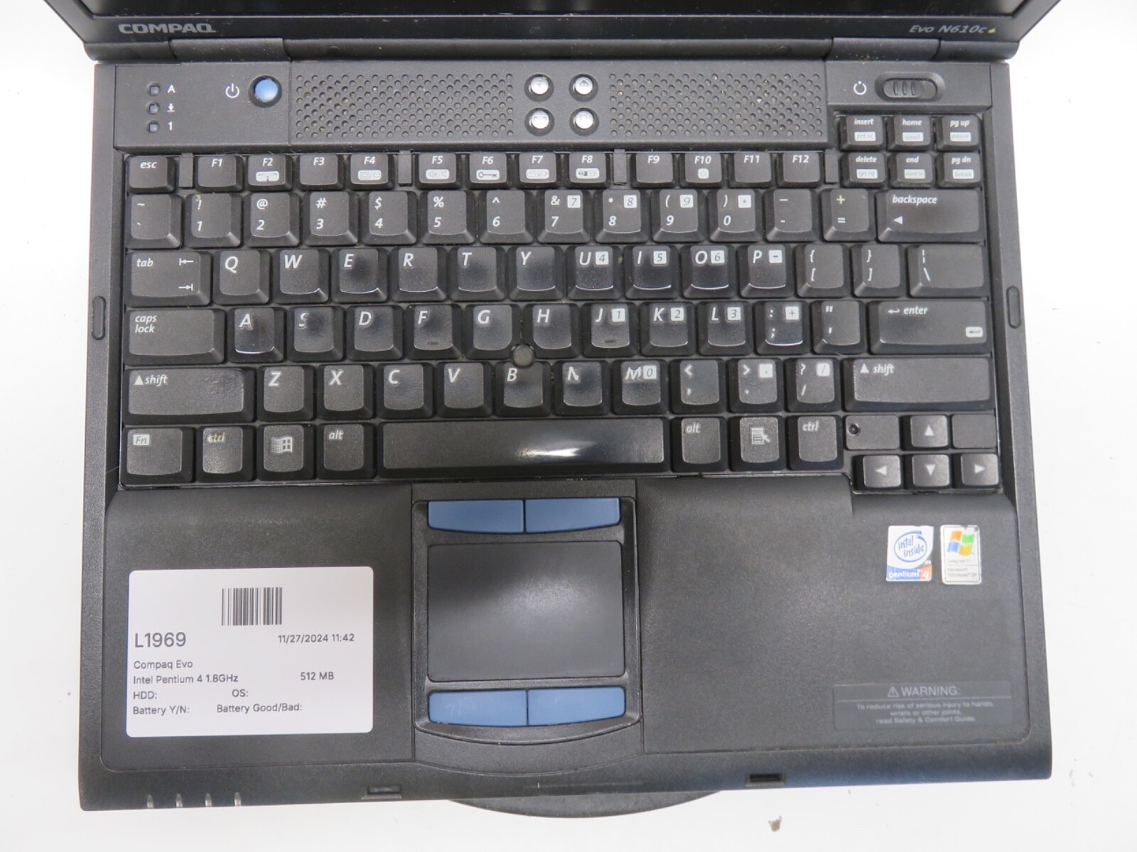 Compaq Evo NC610 Intel Pentium 4 1.8GHz 512 MB NO HDD No Batt