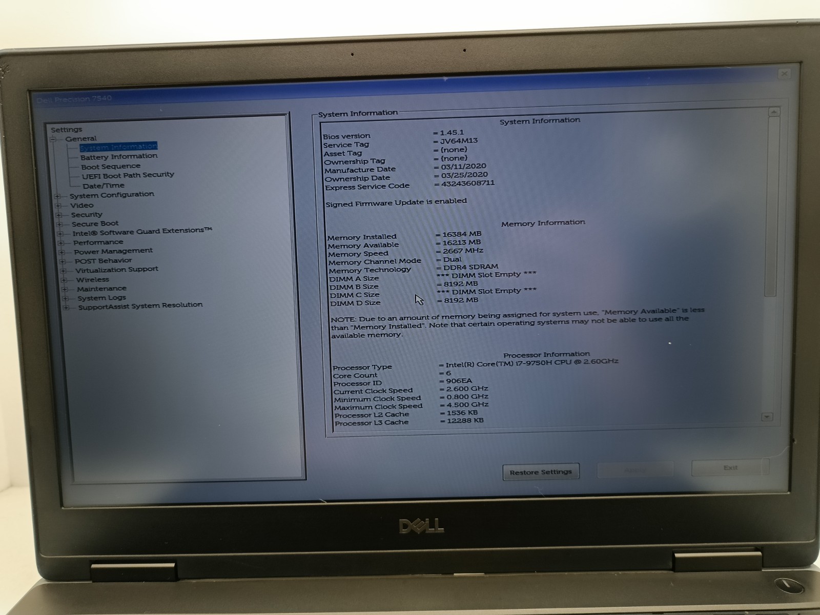 Dell Precision 7540 Intel i7 2.60GHz 16GB Ram RADEON Pro WX 3200 *READ* #91