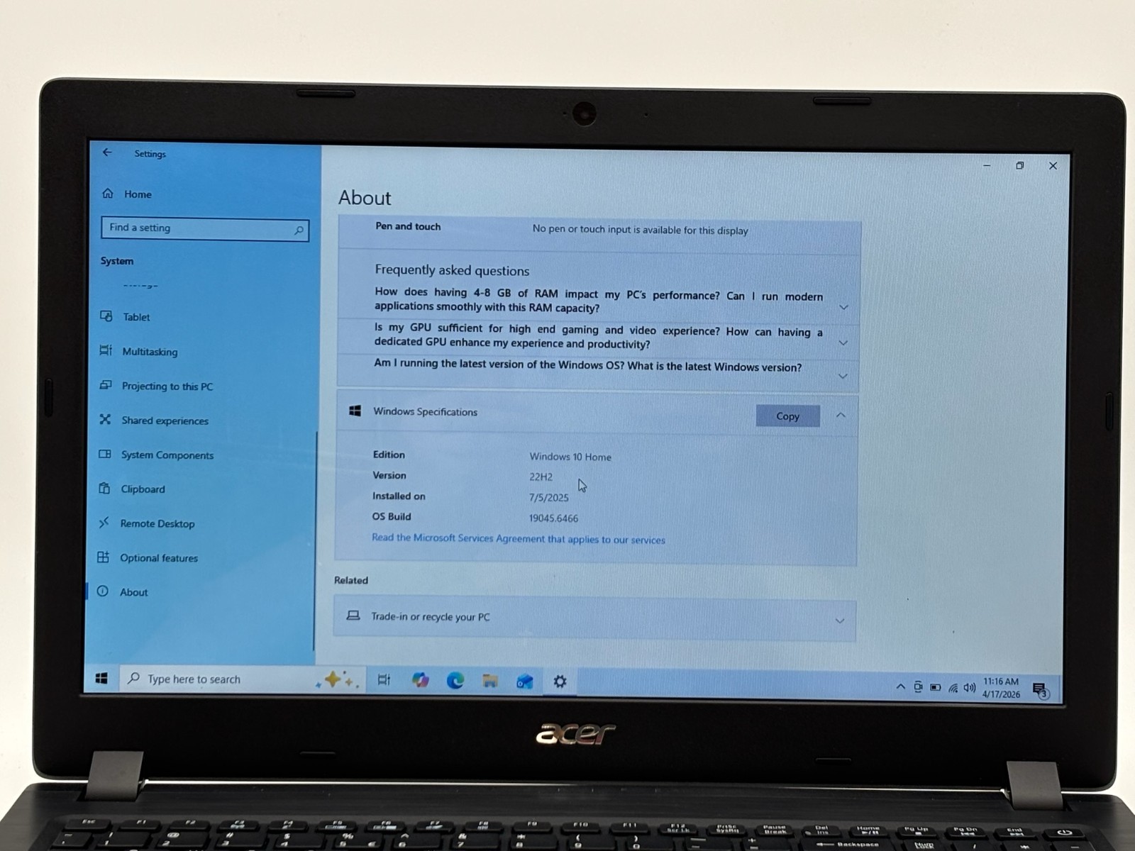 Acer Aspire A315-31 15.6″ 512 GB SSD 4 GB RAM Celeron CPU N3350 Windows 10 Home