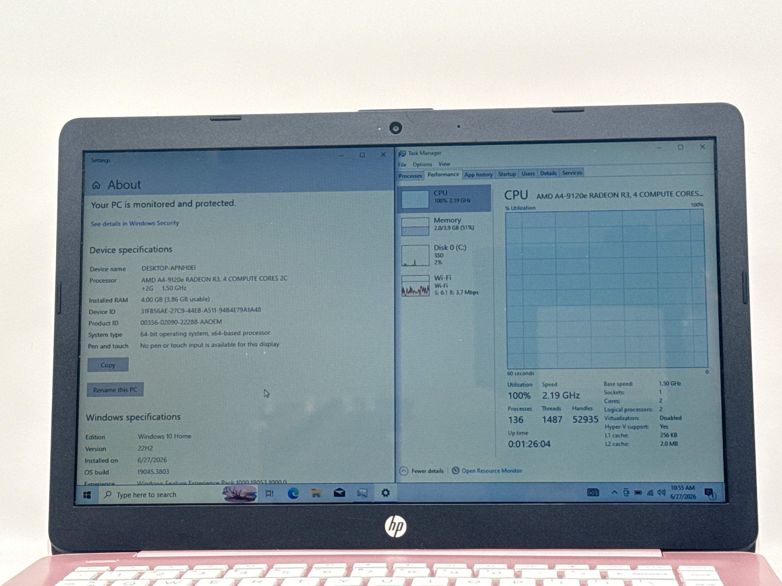 HP Stream 14-ds0080nr 14″ AMD A4-9120e 4GB 64GB eMMC Pink