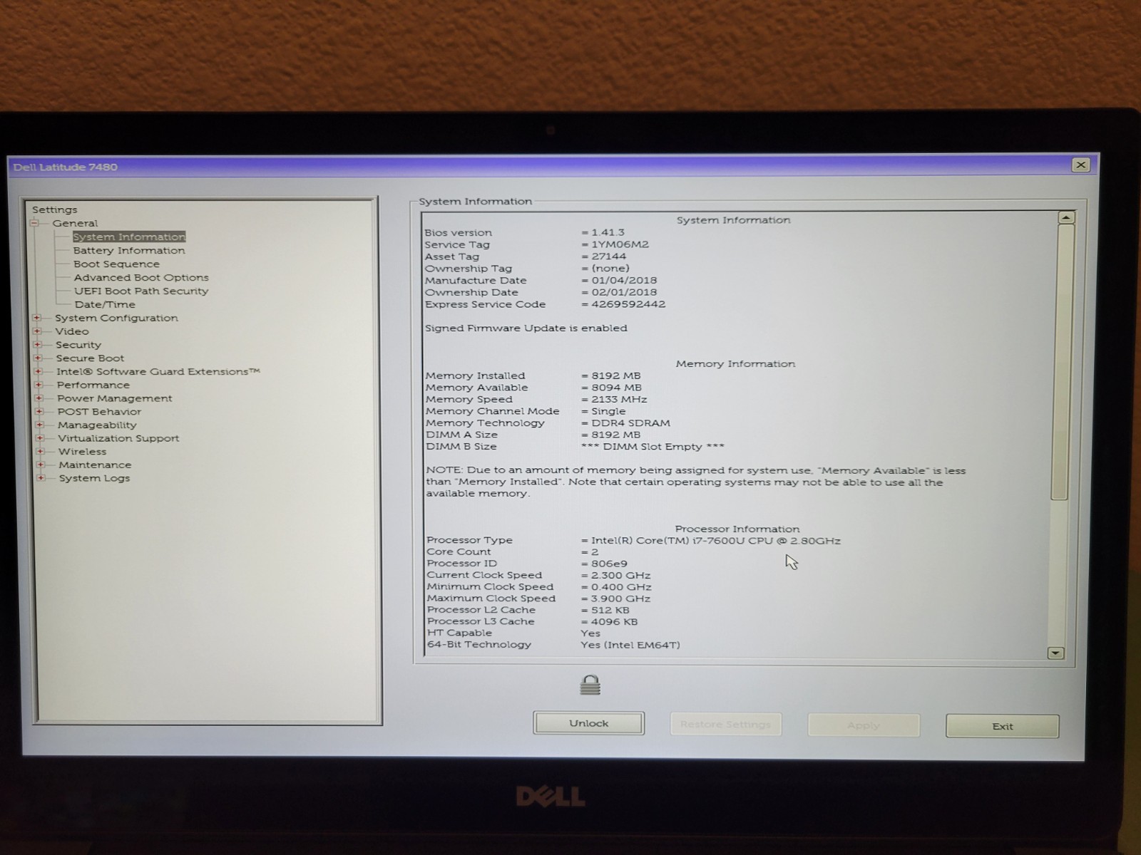 Dell Latitude 7480 Core i7-7600U @2.8Ghz, 8GB RAM, NO SSD/OS/BATTERY BIOS LOCKED