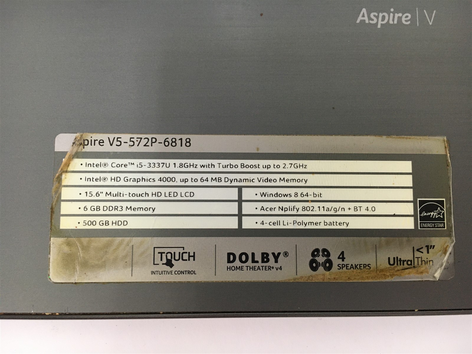 Acer Aspire V5-572P 6818 i5-3337U 1.8GHz 6GB RAM No HDD No OS Touchscreen 15.6″
