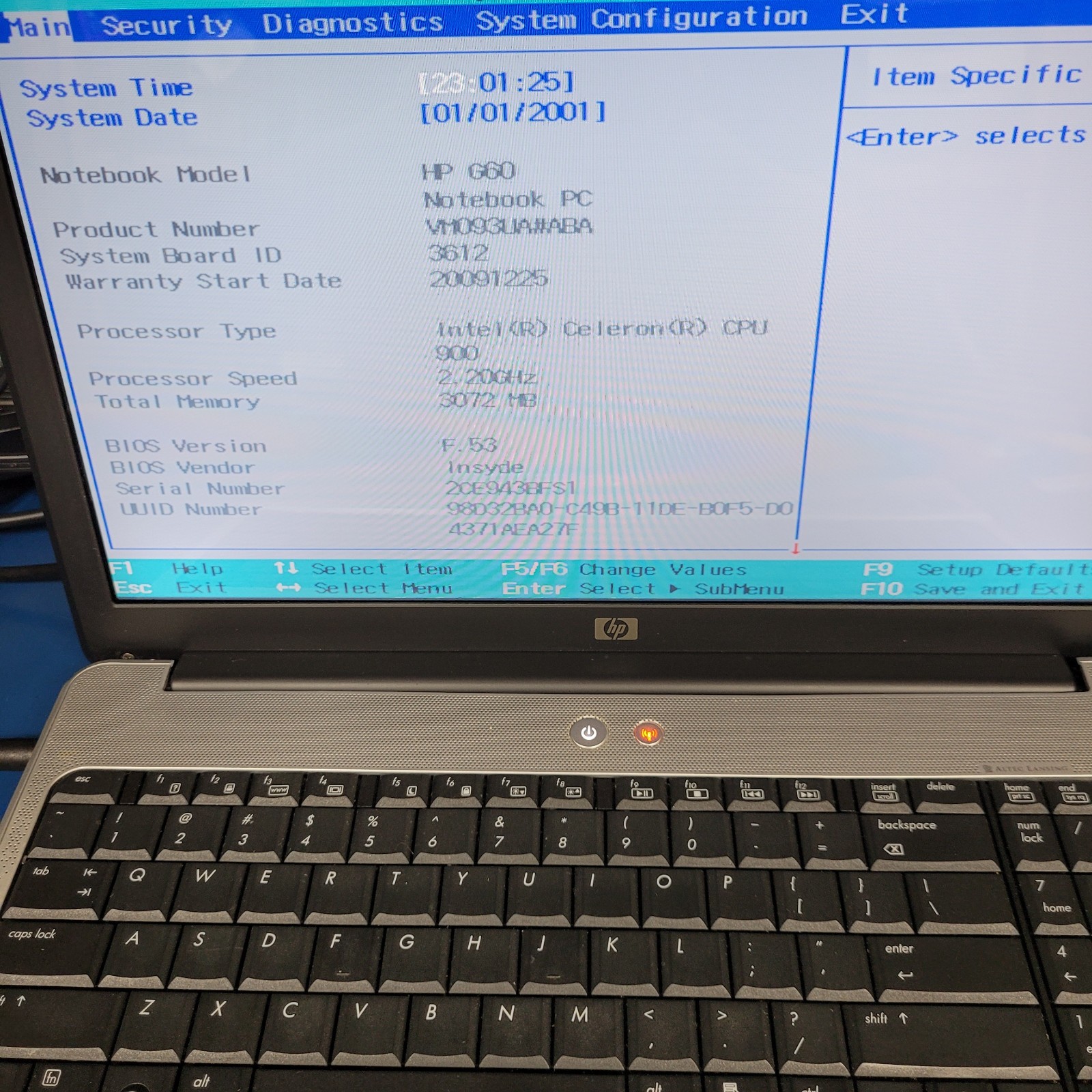 HP Pavilion G60-508us / Intel Celeron 900 / 3 GB RAM / NO HDD