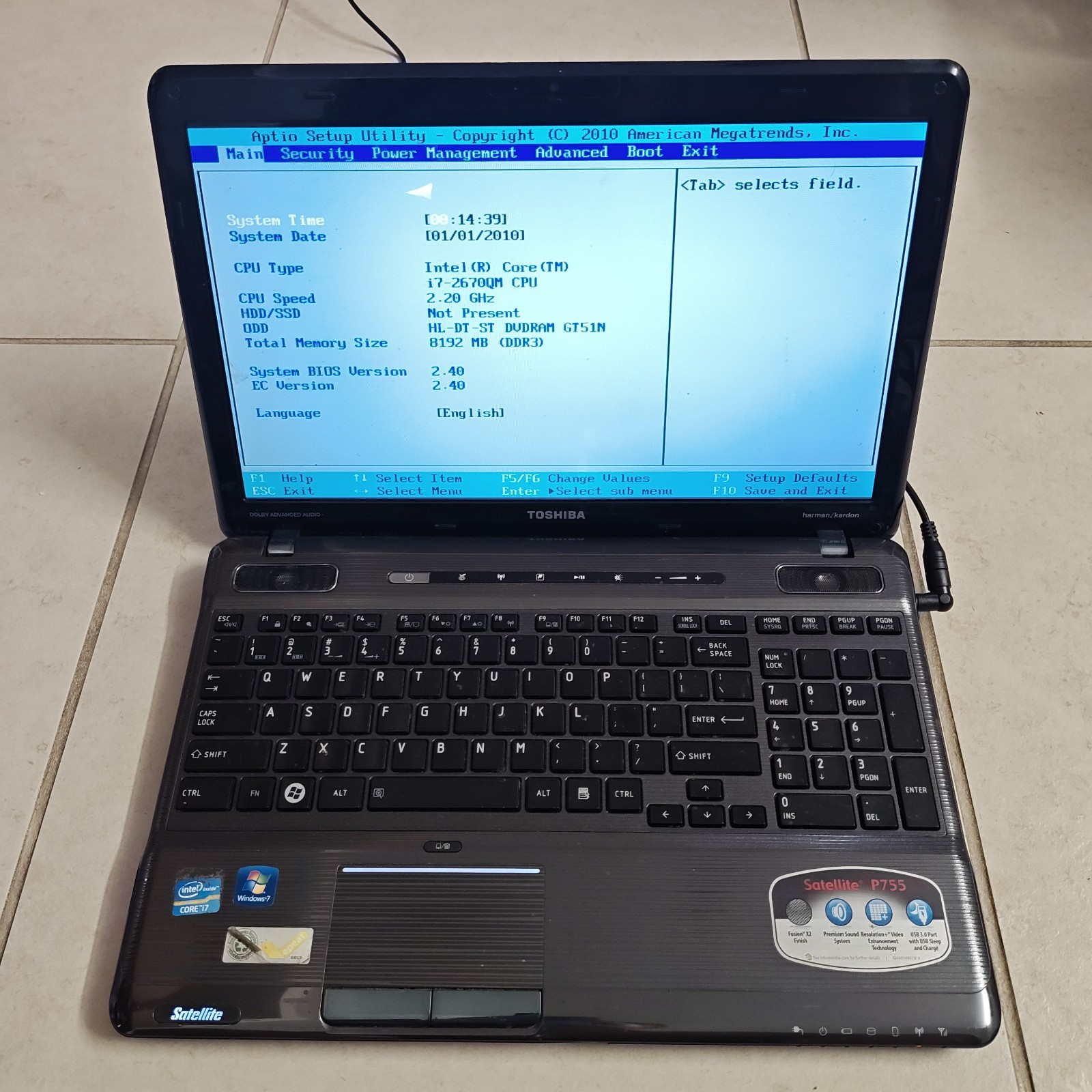 Toshiba Satellite P755-S5120 15.6″ Laptop – NO HDD/8GB RAM – BAD KEYBOARD #3903