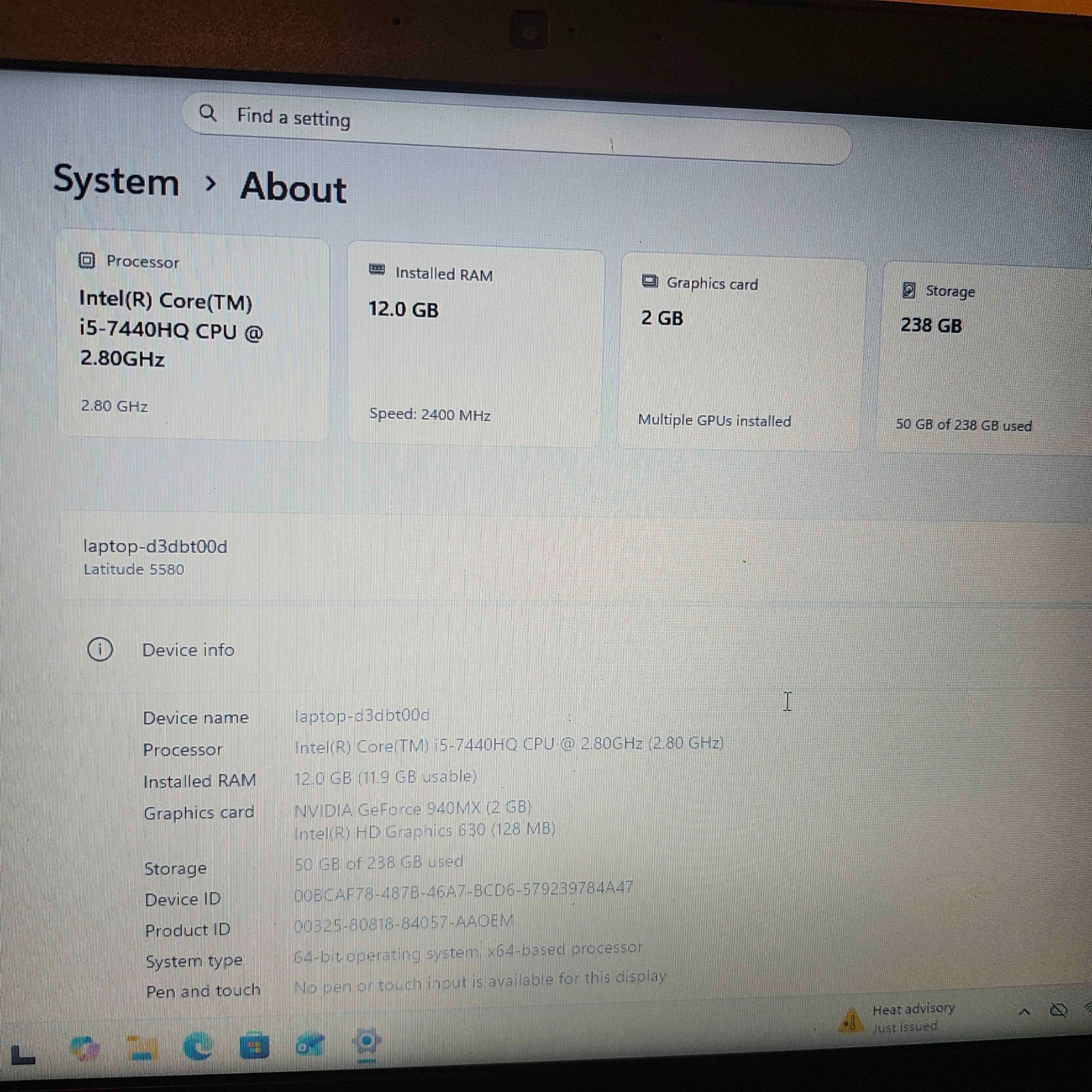 Dell Latitude 5580 I5-7740HQ GT 940M 2GBVRAM 12GB DDR4 RAM