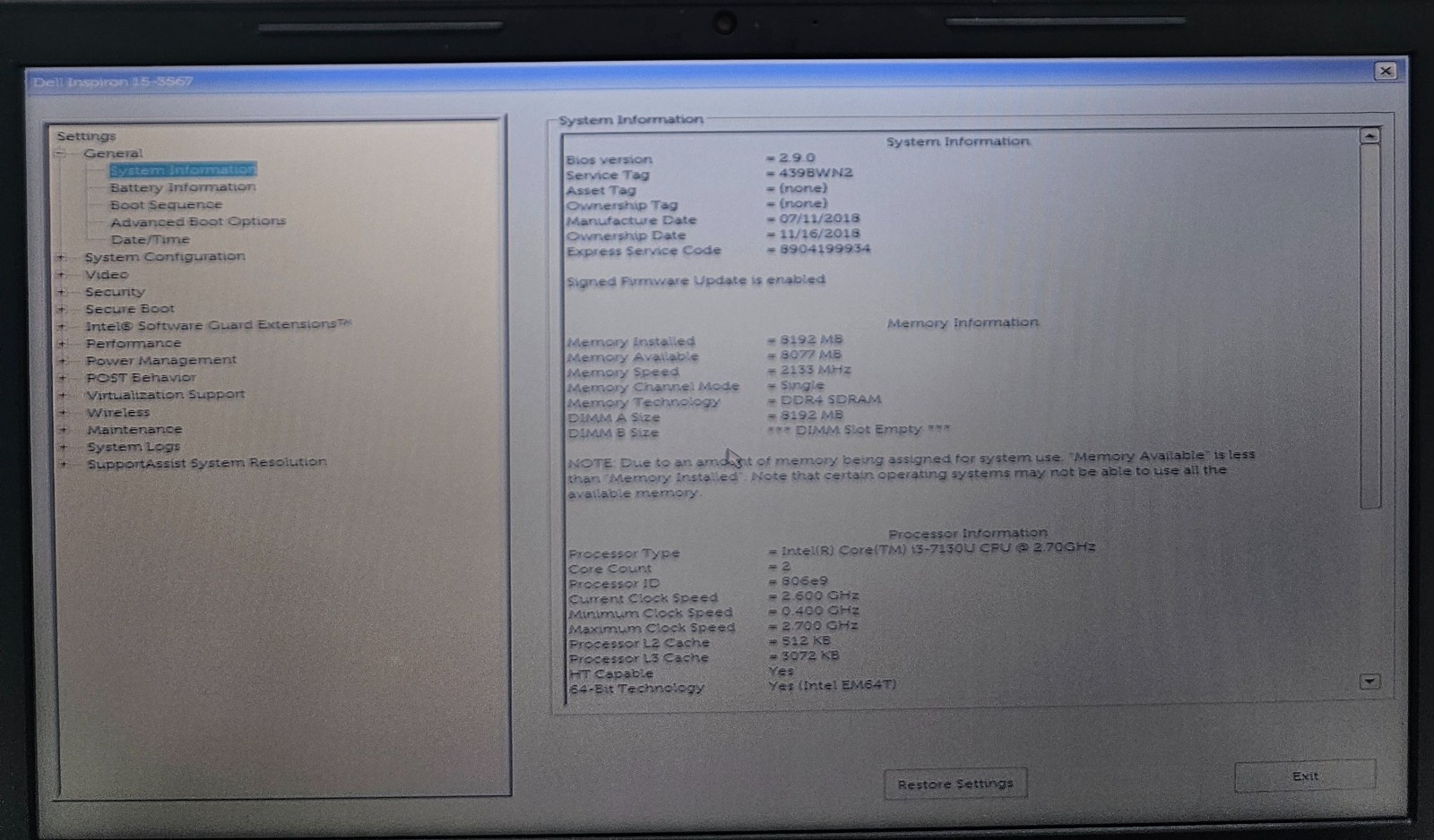 Dell Inspiron 15-3567 15.6″ Laptop Intel i3-7130U 8GB RAM 1TB HDD NO OS (FL)