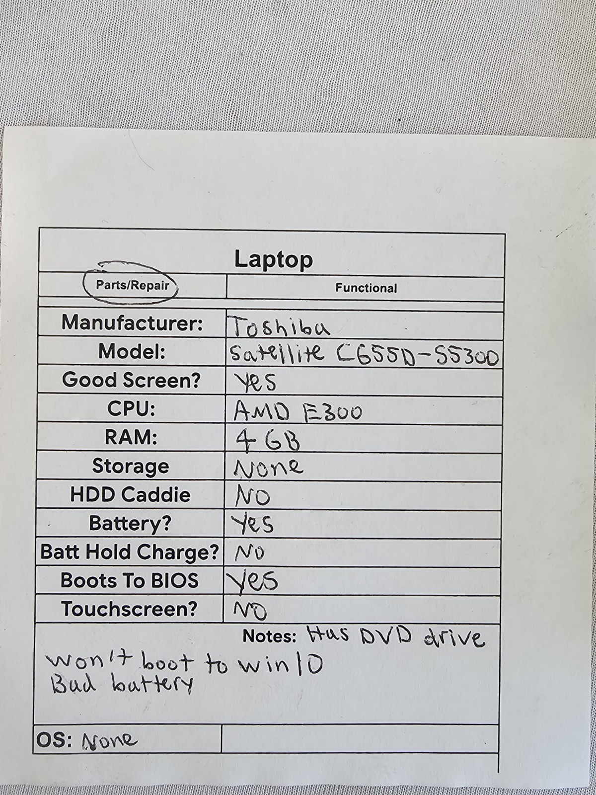 Toshiba Satellite C655D-55300 Laptop – AMD E300 – 4GB RAM – BAD BATT – READ