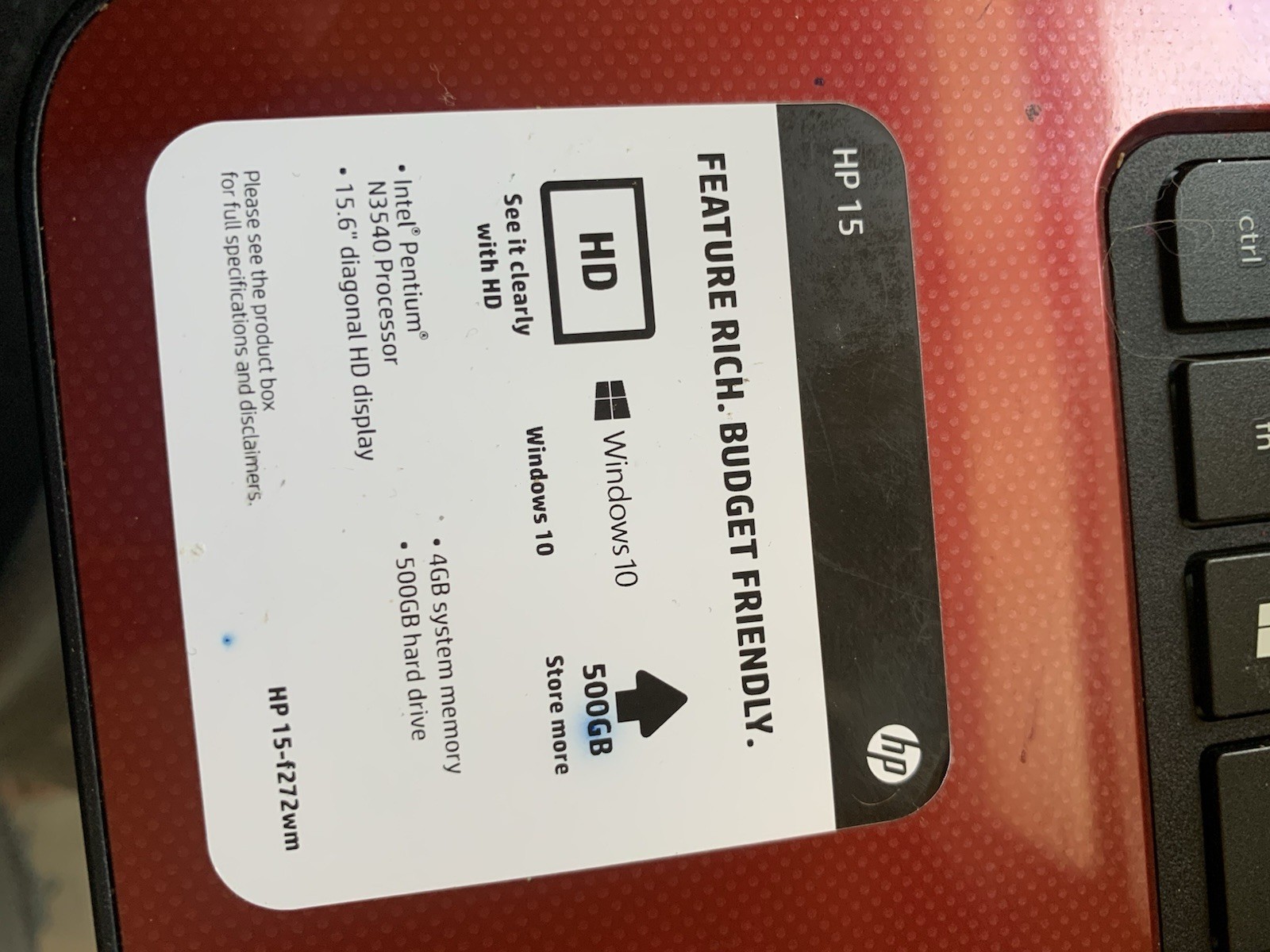 “HP 15.6” Laptop Pentium N3540 4GB 500GB HDD