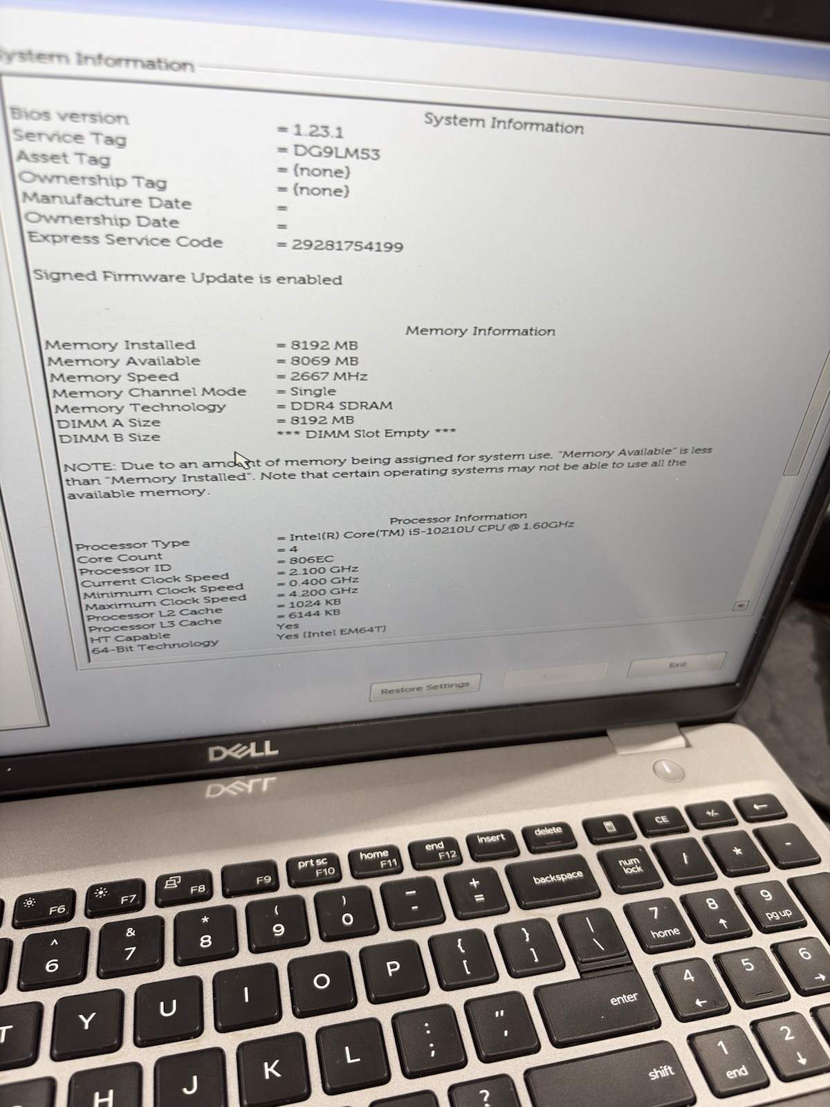 DELL LATITUDE 5510 LAPTOP INTEL CORE I5-10210U 1.60GHZ 8GB NO DRIVE/OS #225