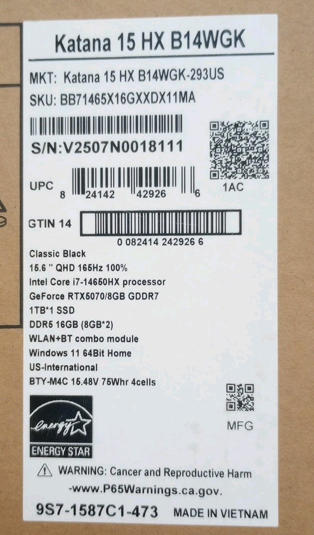 MSI Katana 15.6″ Gaming Laptop i7-14650HX NVIDIA RTX 5070 8GB 16GB DDR5 1TB SSD