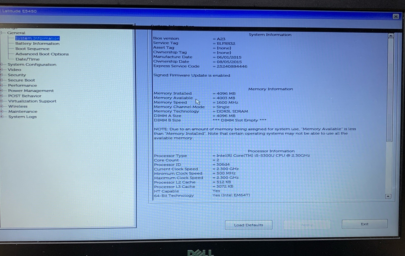 Dell Latitude E5450 14″ i5-5300U@2.3GHz, 4GB RAM, No SSD, No OS