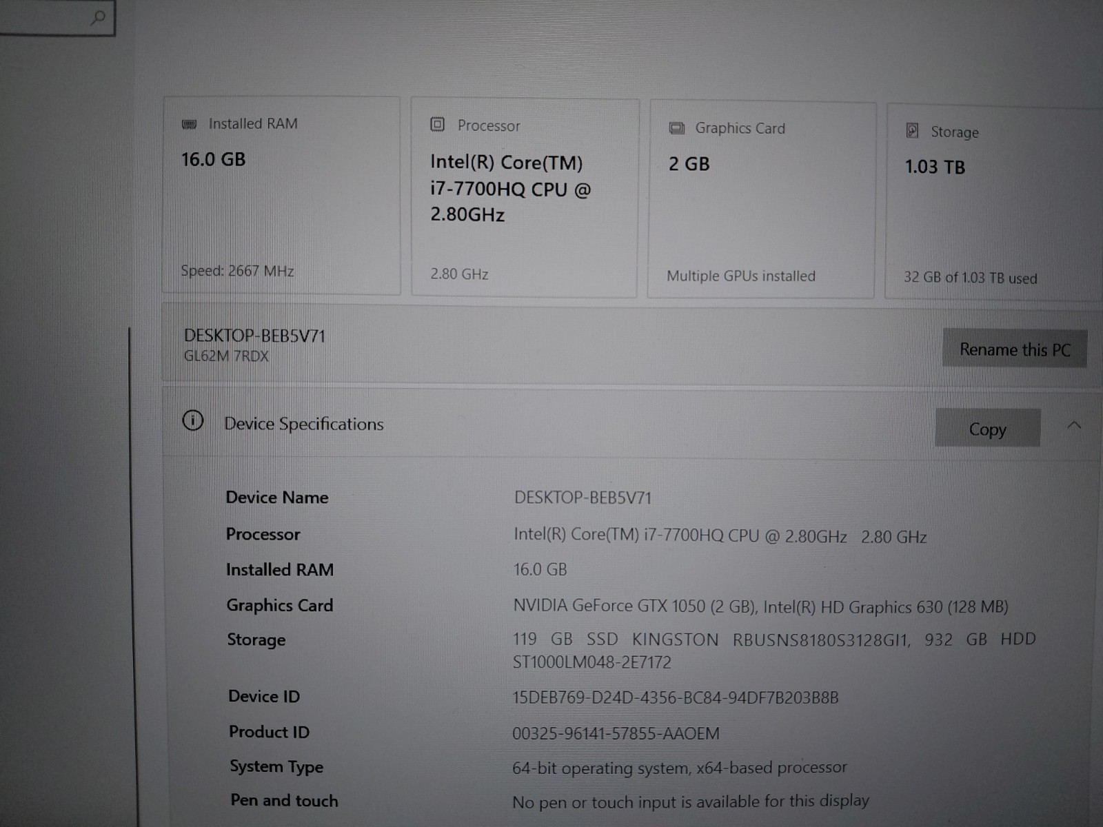 MSI GL62M Intel i7-7700HQ NVIDIA GeForce GTX 1050 16GB Ram (Read Description)