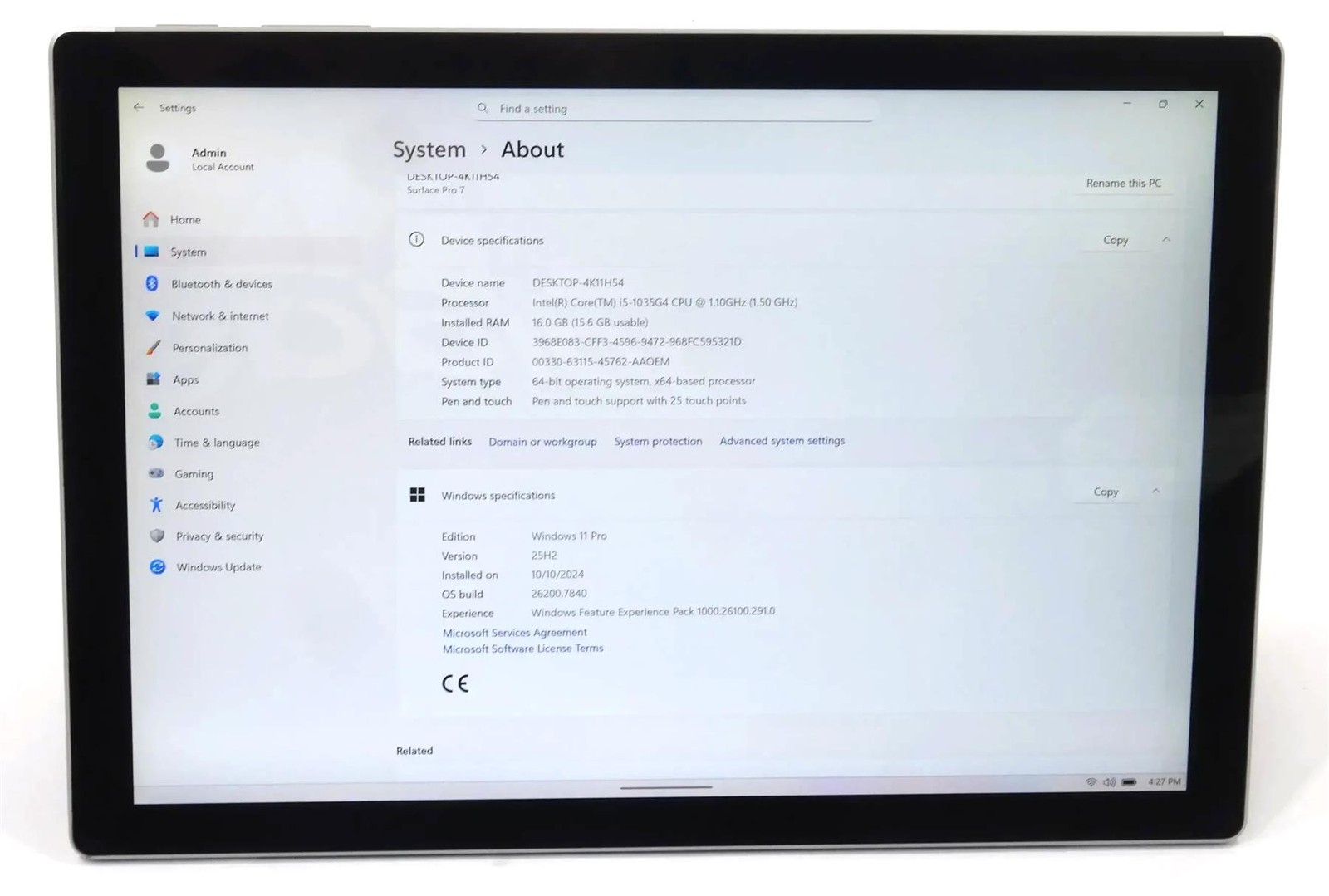 Microsoft Surface Pro 7 1866 Core i5-1035G4 1.10GHz 16GB 256GB SSD