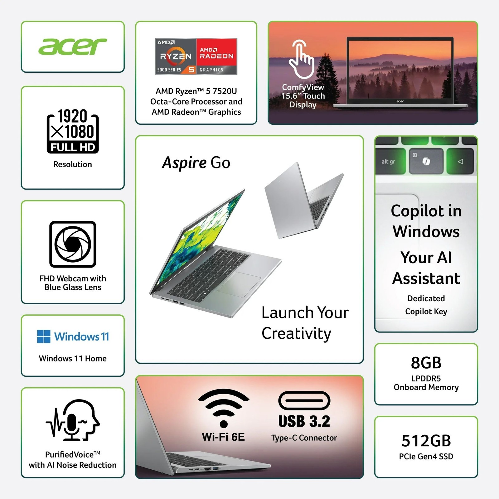 ACER ASPIRE GO 15 15.6″ FHD IPS AMD RYZEN 5 7520U 8GB 512GB AMD RADEON WIN11 H