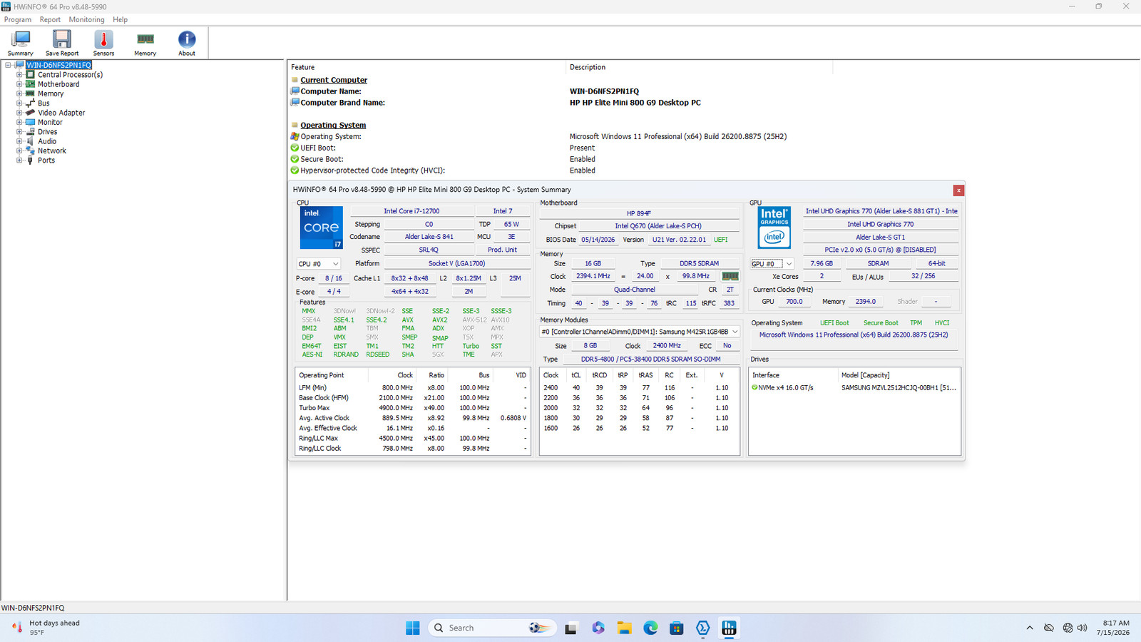 HP Elite Mini 800 G9 I7-12700 512GB SSD 16GB W11P