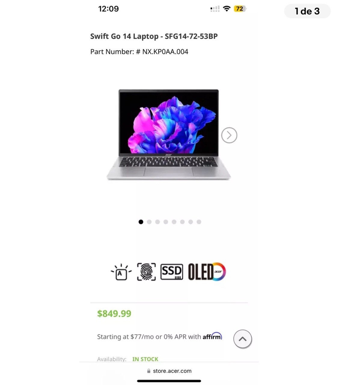 Acer Swift Go 14 Intel Evo Thin & Light Laptop SFG14-72-53BP 16GB RAM 512GB SSD
