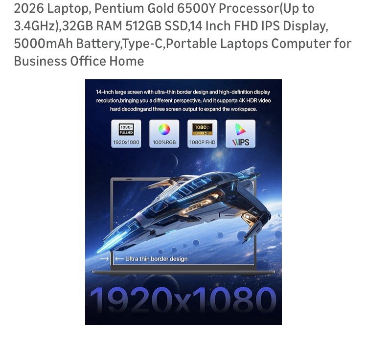Pentium Gold 6500Y Processor 32GB RAM 512GB SSD,14 Inch FHD IPS Display