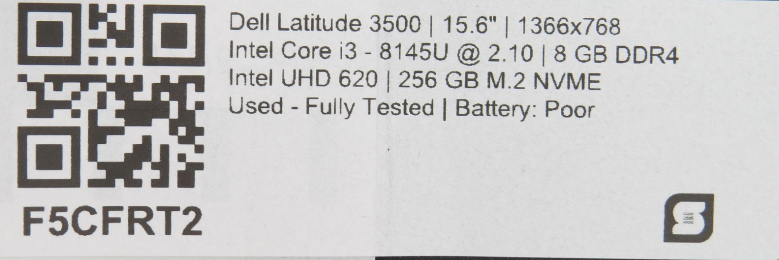 Dell Latitude 3500 i3-8145U @ 2.10 8GB DDR4 256GB M.2 No OS