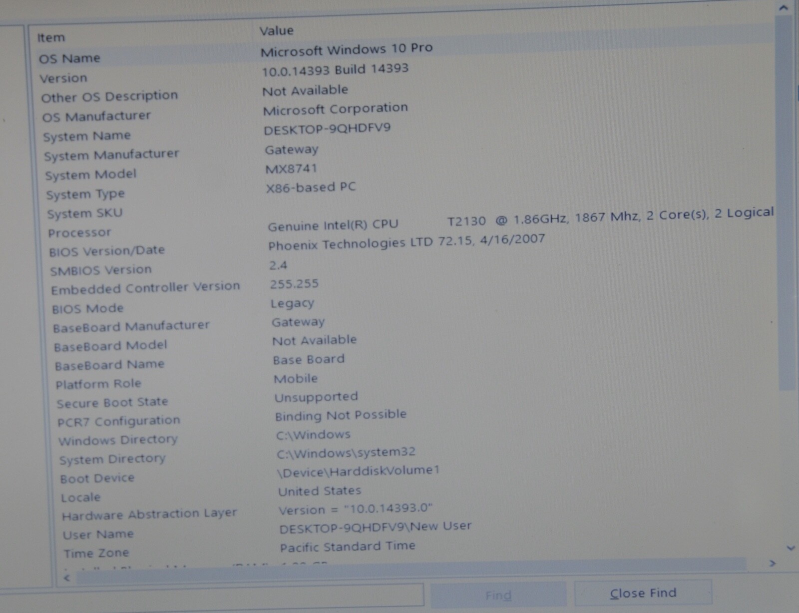 Gateway MX8741 Laptop__Intel T2130 CPU @ 1.86 GHz__1GB RAM__120GB HDD.
