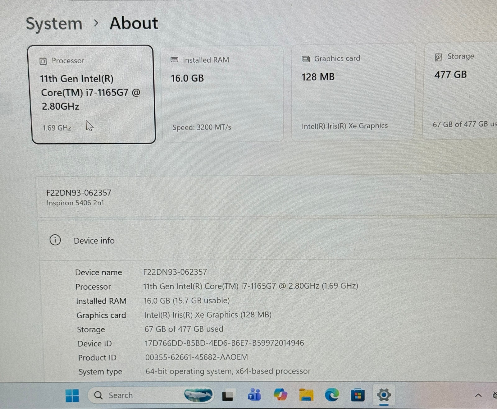 Dell Inspiron 14 5406 2-in-1 Laptop i7-1165G7 16GB RAM 512GB SSD Win 11 P Touch
