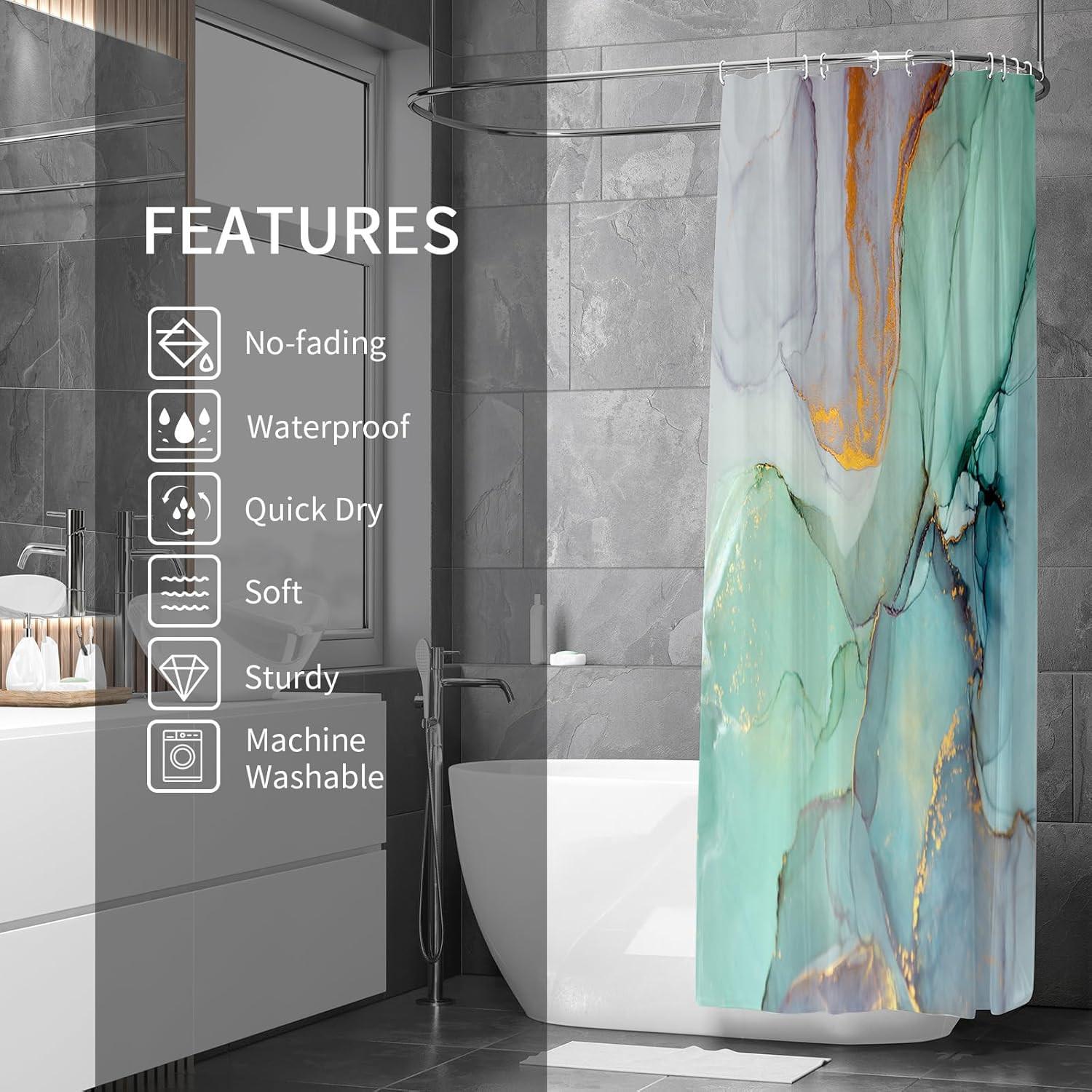 Long Fabric Shower Curtain 72×78 Abstract Marble Waterproof Bathroom Curtain