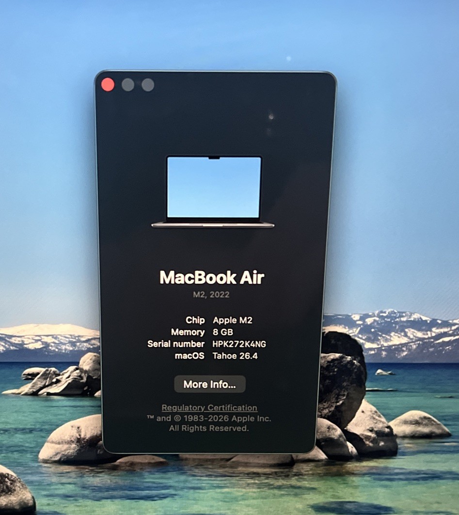 Apple A2681 MacBook Air Mid 2022 M2 8 Core@3.49GHz, 8GB DDR5, 500GB M2, Tahoe