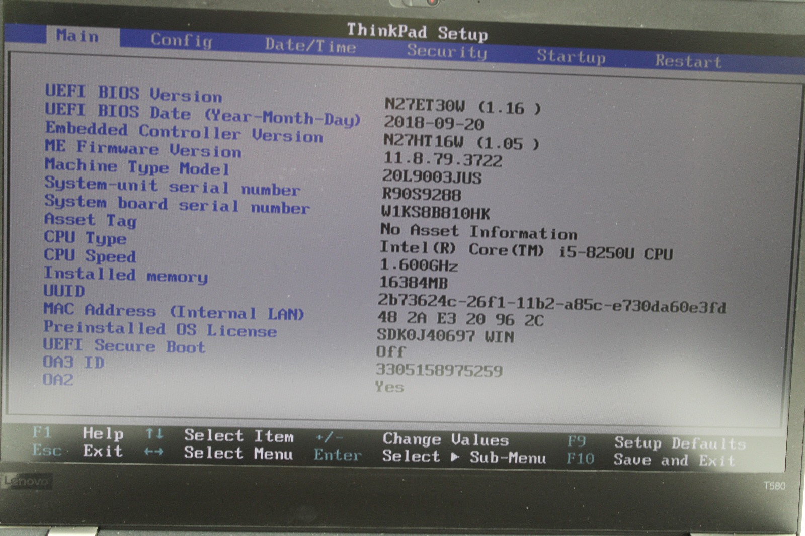 Lenovo ThinkPad T580 i5-8250U @ 1.6 Ghz 16GB RAM 240GB SSD No OS No Battery