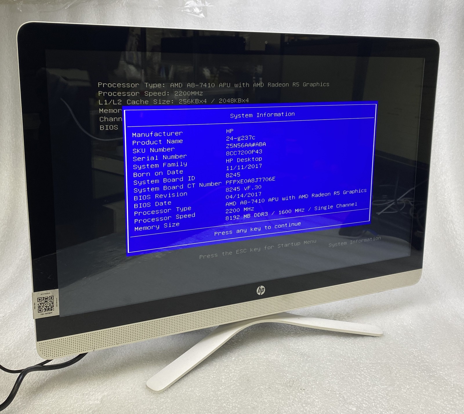 HP 24-g237c 24″ A8-7410 2.2GHz 8GB RAM 1TB HDD AMD NO OS Good
