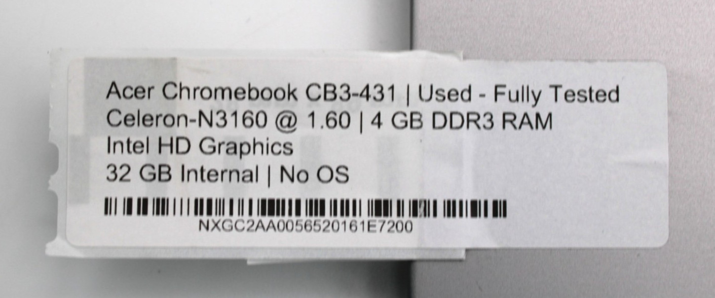 Acer Chromebook Celeron N3160@1.6GHz 4GB DDR3 32GB Internal NO OS *USED/TESTED*