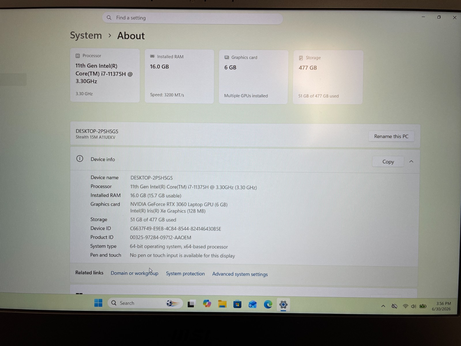 MSI Stealth 15M A11UEKV 15.6″ i7-11375H 3.3GHz 16GB RAM 512GB SSD RTX 3060