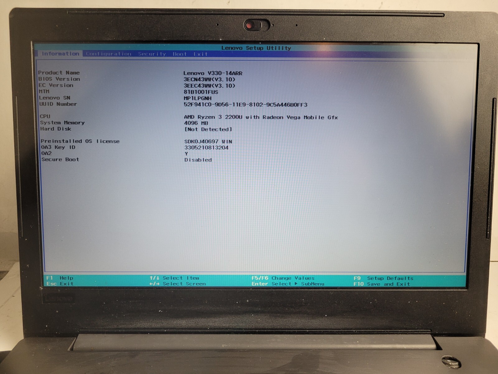 Lenovo V330-14ARR w/AMD Ryzen 3 2200U, 4GB RAM, 14″ Laptop for Parts #2426