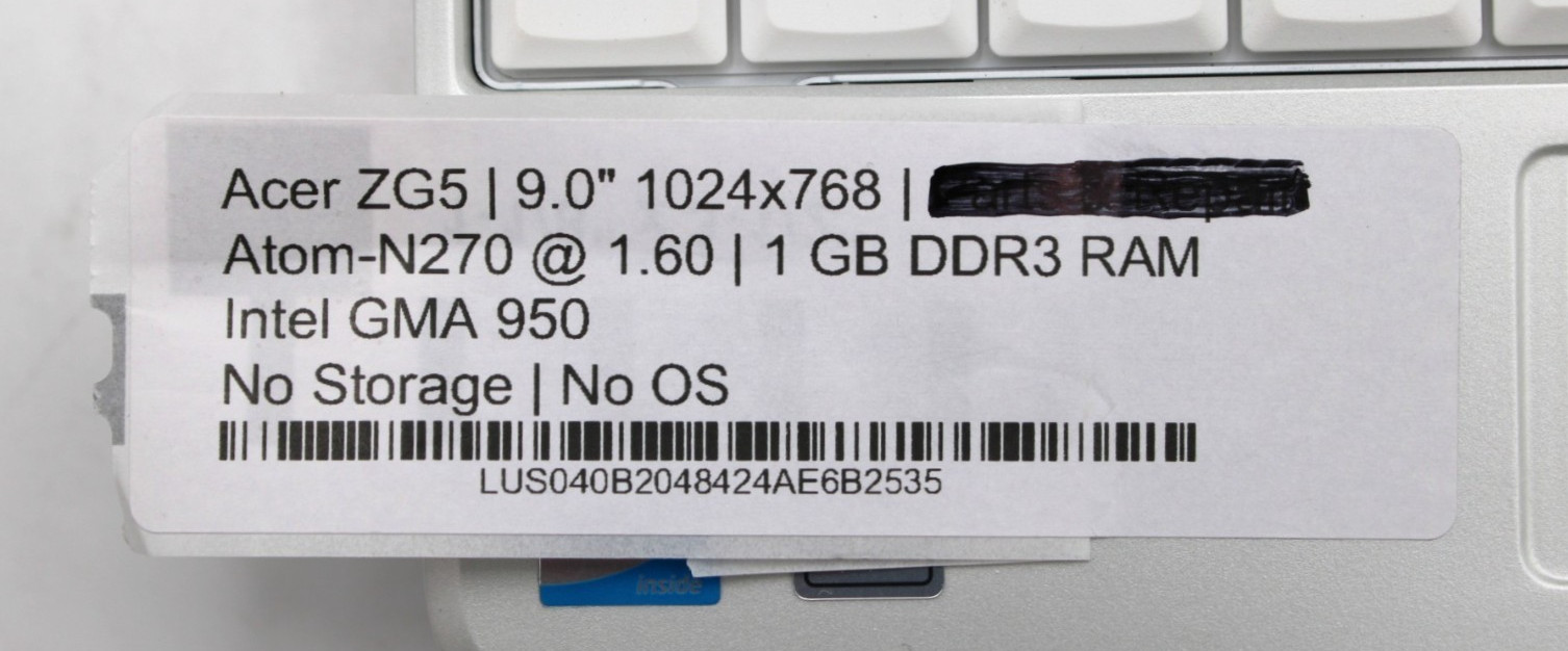 Acer Aspire ZG5 Atom-N270@1.6GHz 1GB DDR3 NO STORAGE OR OS *USED/TESTED*