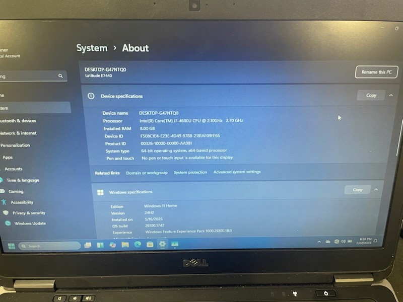 Dell Latitude E7440 i7-4600U 2.10GHz 8GB RAM 256GB SSD Win 11 Home Laptop